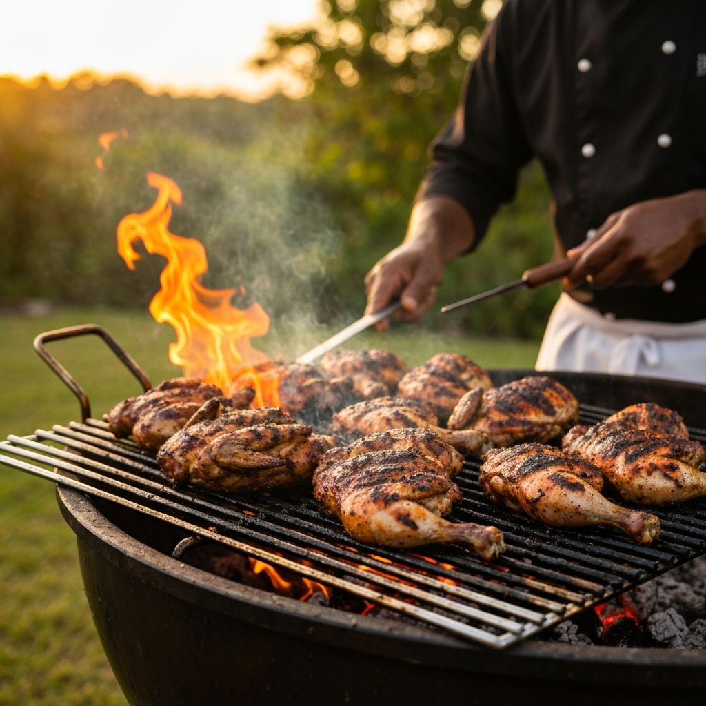 Authentic Caribbean jerk chicken on the grill